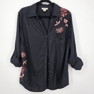 Style & Co Button Up Blouse Sz L Black Embroidery Floral Long Slv Size‎ XL